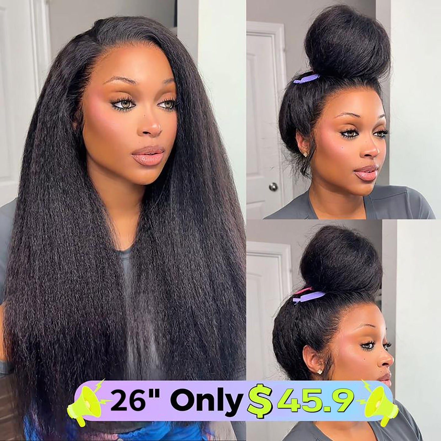 ✨Ends Today: 70% OFF!  Pre-Cut Lace Kinky Straight 360 Full Lace Frontal Glueless Wig With Invisi Drawstring Pre Plucked Human Hair Wig