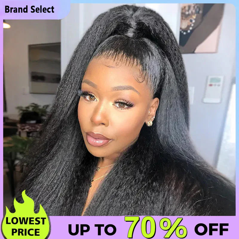 ✨Ends Today: 70% OFF!  Pre-Cut Lace Kinky Straight 360 Full Lace Frontal Glueless Wig With Invisi Drawstring Pre Plucked Human Hair Wig
